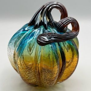 Pumpkin With Curly Stem Hand Blown Vintage Glass Art Amber & Blue Crackle Glass